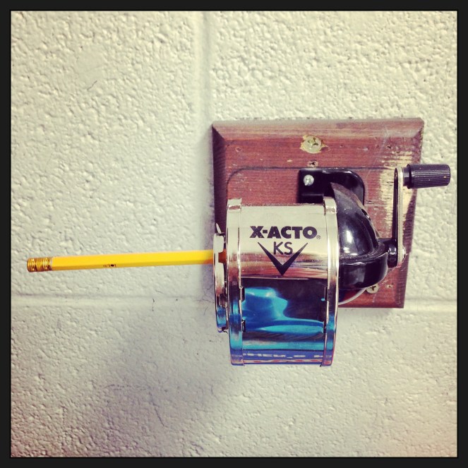 Walked into my classroom this morning and discovered this.  Either someone was claiming first place in the pencil sharpening queue... or they gave up.  Further proof the sharpener is aggravatingly difficult to use?